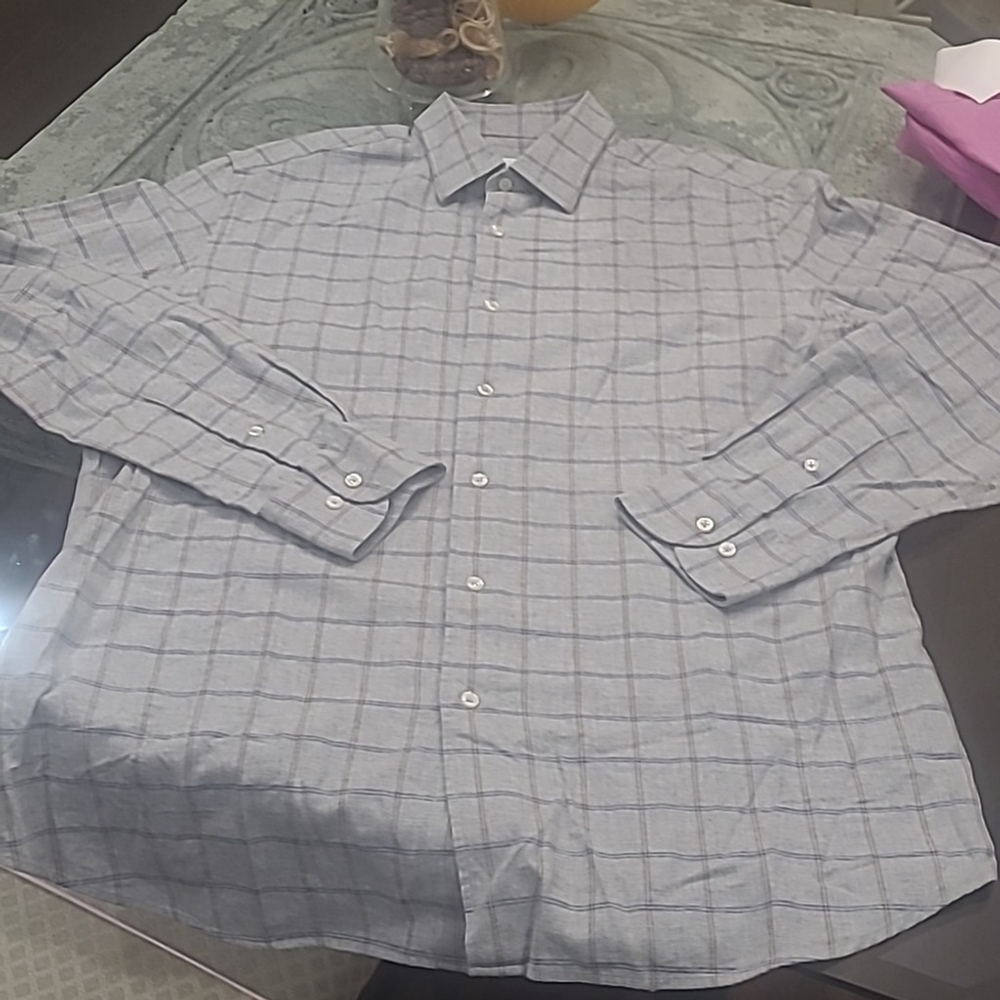 Massimo Dutti Men's Gray Checkered Cotton Twill Dress Shirt Large New
